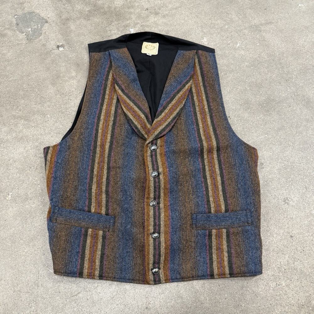 VINTAGE WAH MAKER SHAWL COLLAR WOOL STRIPE FRONTER COWBOY WESTERN VEST MENS MED